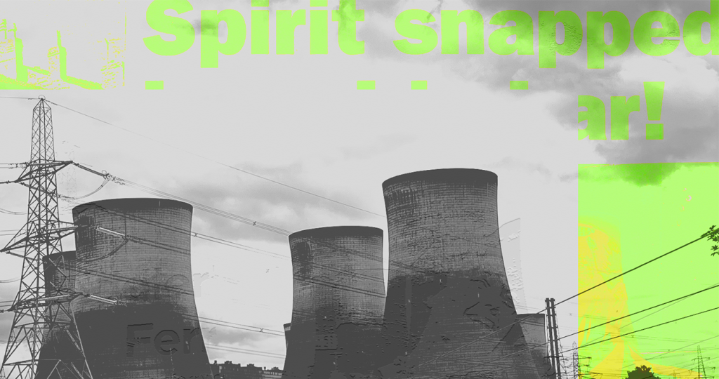 four cooling towers in black and white with an overlay of the words 'Spirit snapped -ar' from a newspaper headline, and woman's face