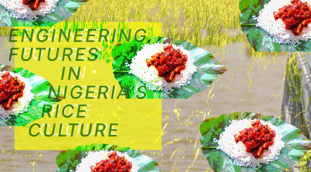 Text: "Engineering Futures In Nigeria's Rice Culture" on collage background of flood, rice plants and a pattern made of a rice meal on a leaf