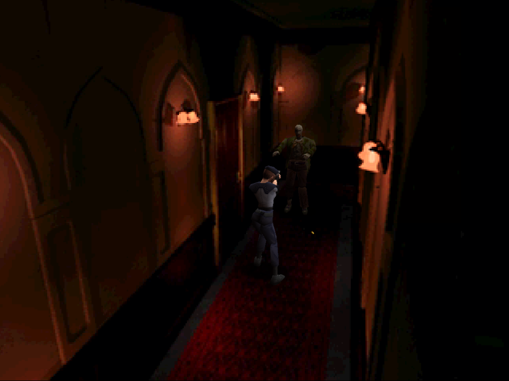 Screenshot of Resident Evil, Jill fights a zombie in a corridor