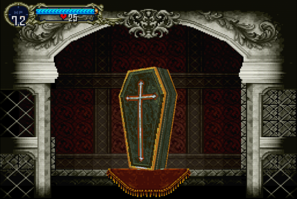 Symphony of the Night screenshot, a coffin upright under an ornate gothic archway