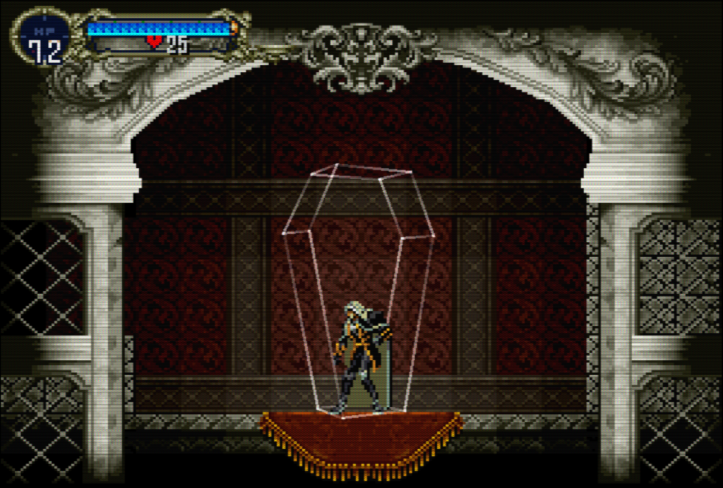 Symphony of the Night screenshot, a person crouches within the outline of a coffin upright under an ornate gothic archway