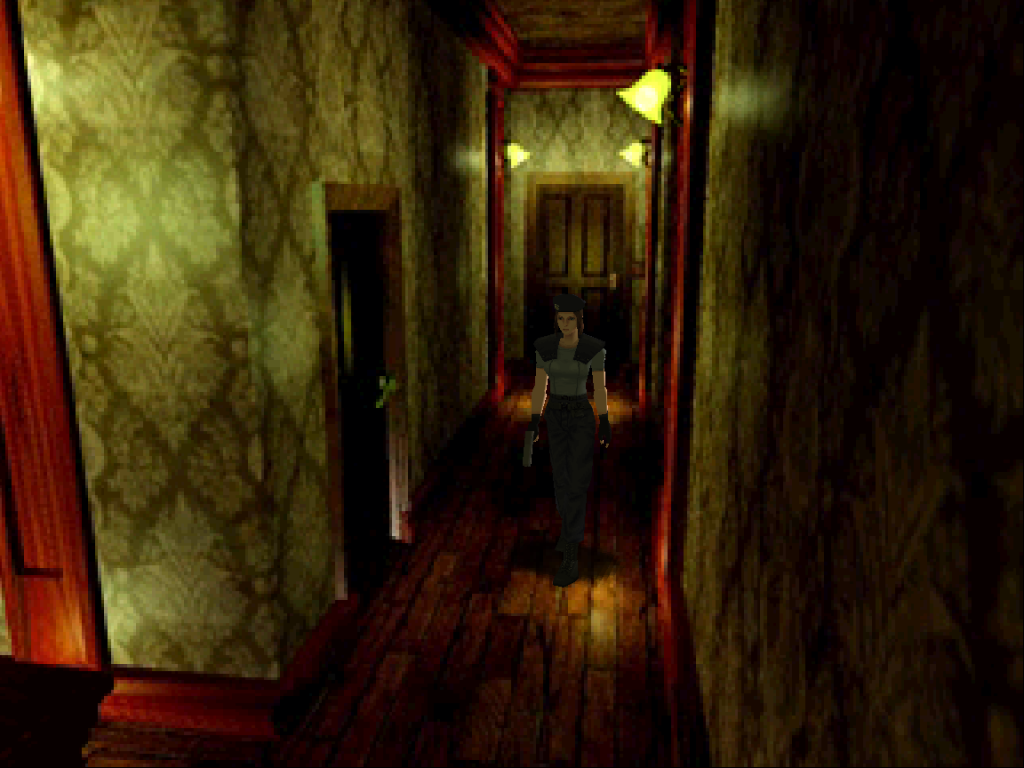 Screenshot of Resident Evil, Jill walks down a corridor