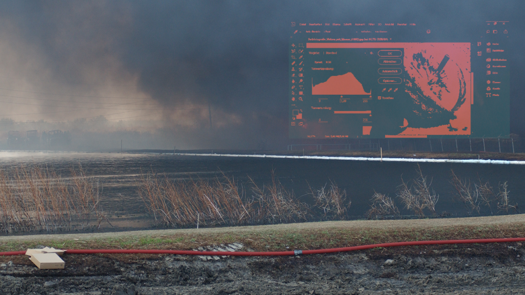 burning pipeline with smoky sky, a screenshot of photoshop superimposed