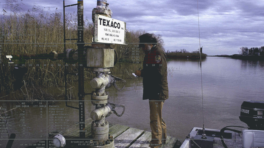 A collage of software overlayed on man checking oil pipeline outline on a raft in marsh