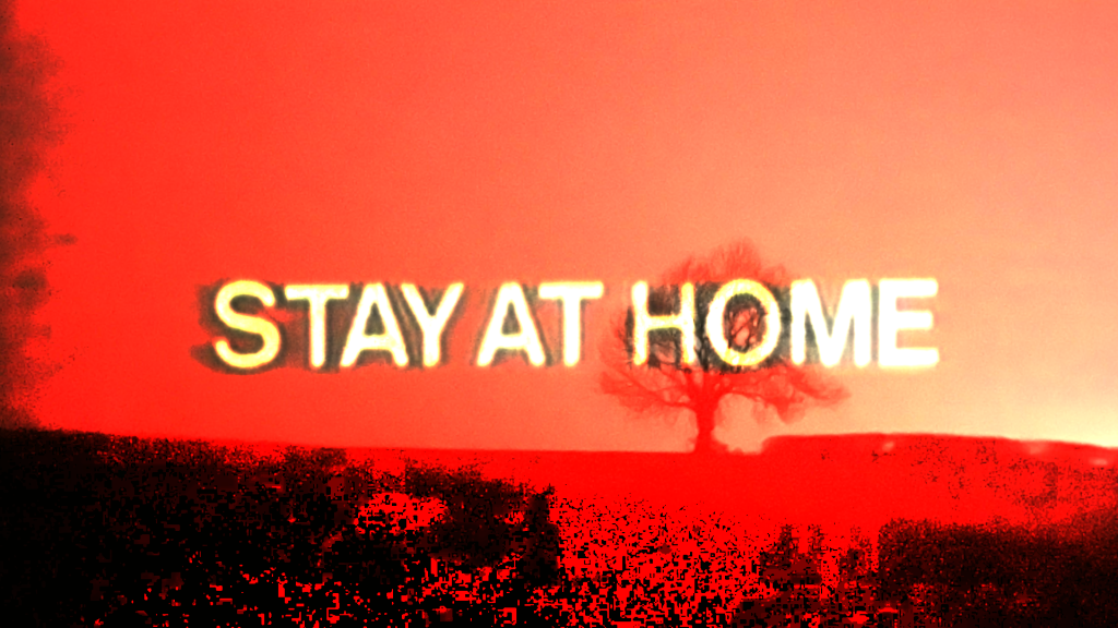collage tree in distance over public service announcement of 'stay at home'