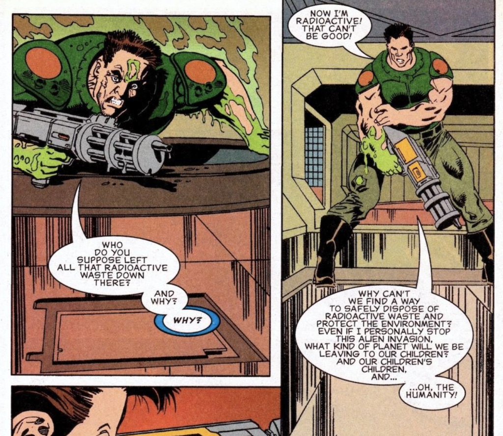a comic strip of doomguy from doom despairing over the lack of safe disposal for nuclear waste