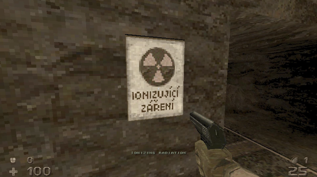 Game screenshot of a gun pointed at a sign warning about nuclear waste