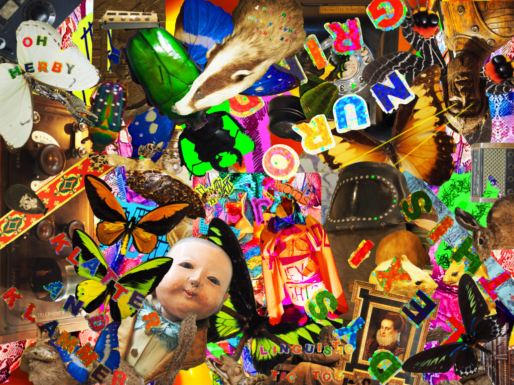 A vibrant collage of many objects and letters