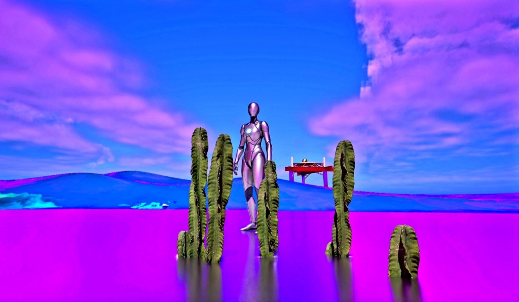 a screenshot of a 3d environment, a robot figure stands in an abstract colourful landscape