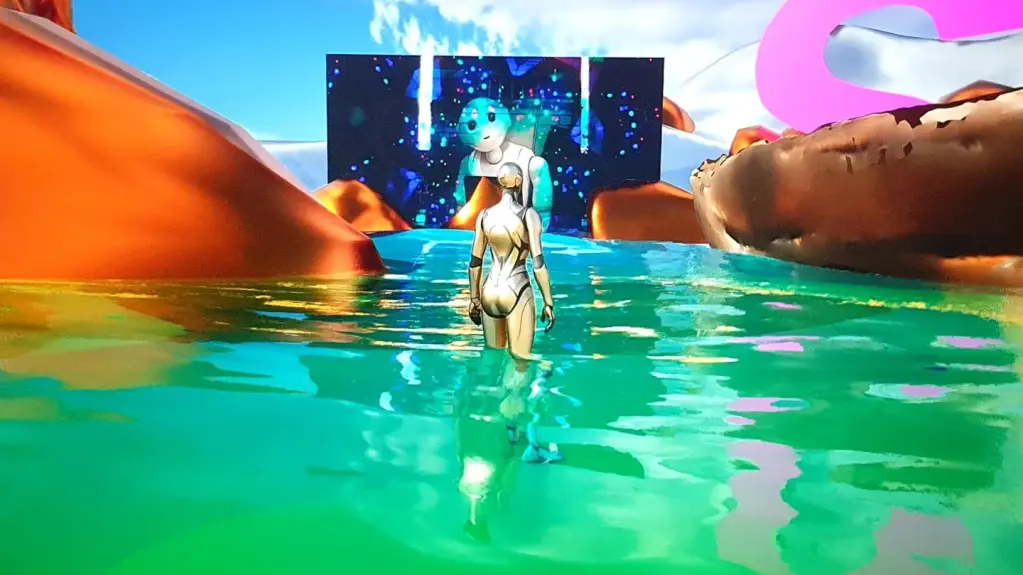 Screenshot of a 3d environment where a robot stands in water looking at a screen with another robot peering out