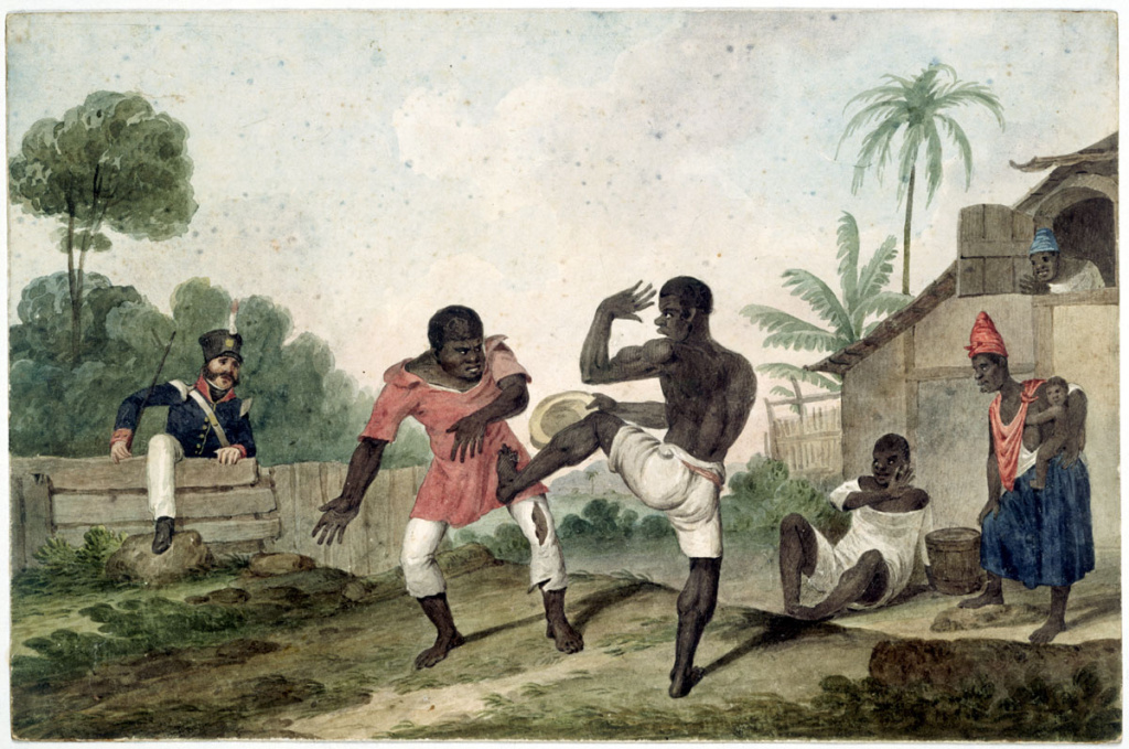 historical painted caricature illustration of two Black men fighting capoeira as a white colonial officer climbs a fence to stop them