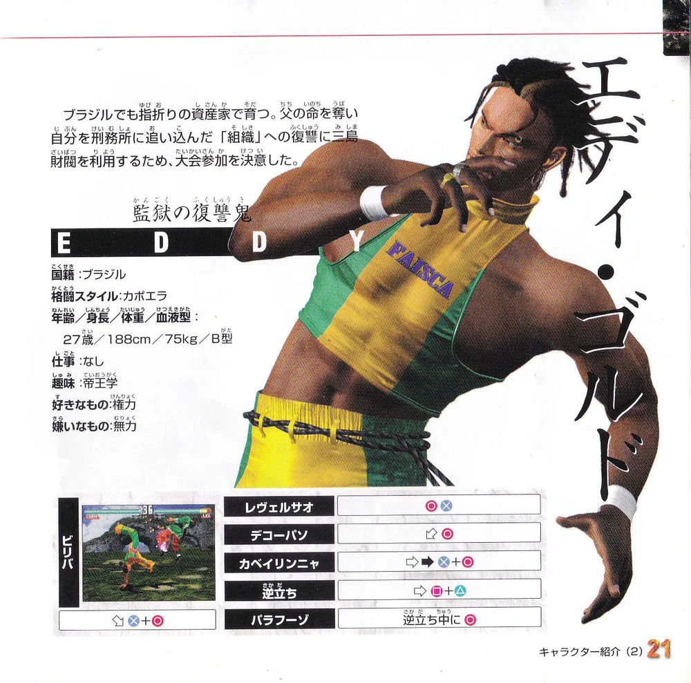 Eddy Gordo's page in the japanese version of the tekken 3 manual