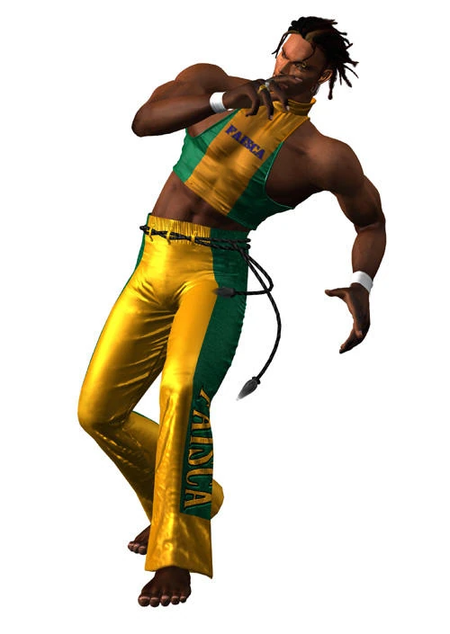 digital 3d rendering Eddy Gordo in a yellow and green vest and shiny track trousers leaning into a capoeira stance