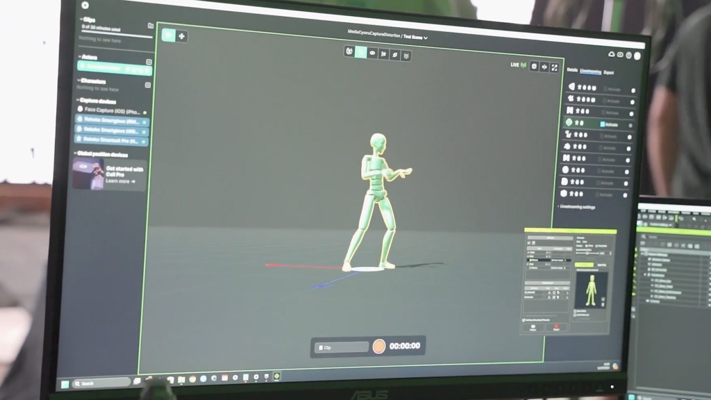 video of a screen showing a 3d humanoid character being animated to match motion capture movements