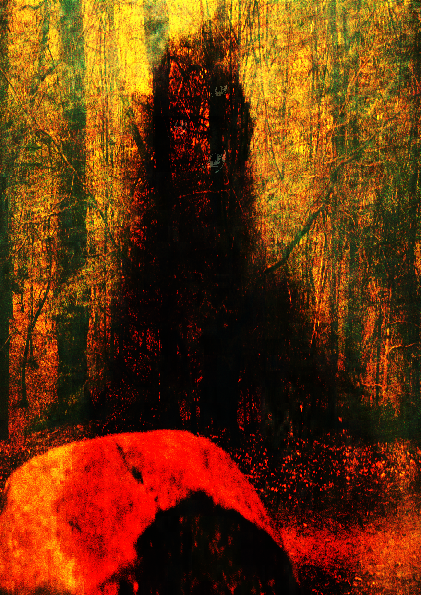 a photocollage of a shadow looming over a rock in a forest
