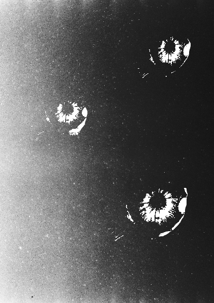 a monochrome print of three eyes peering out from a void