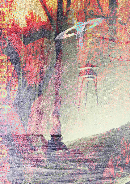a photocollage of old scifi props over a forest and a heath