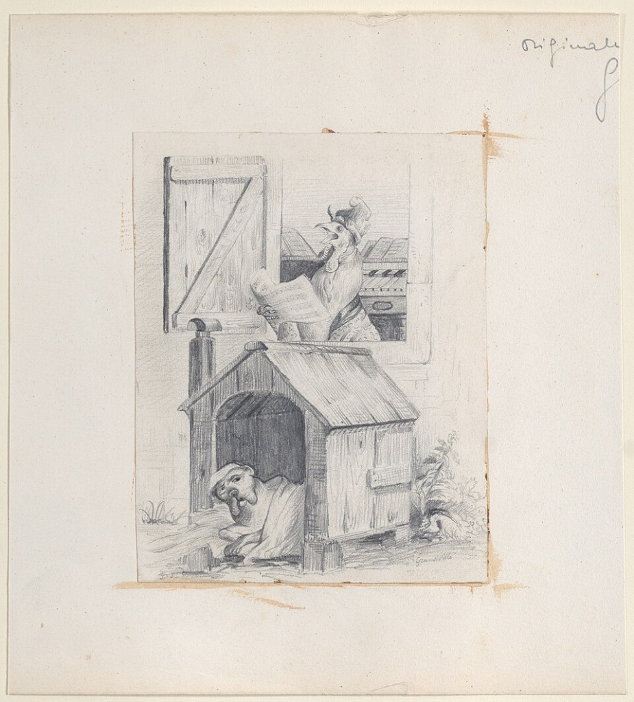 an illustration of a cockerel singing from a sheet of music while a sleepy dog in a doghouse looks baffled