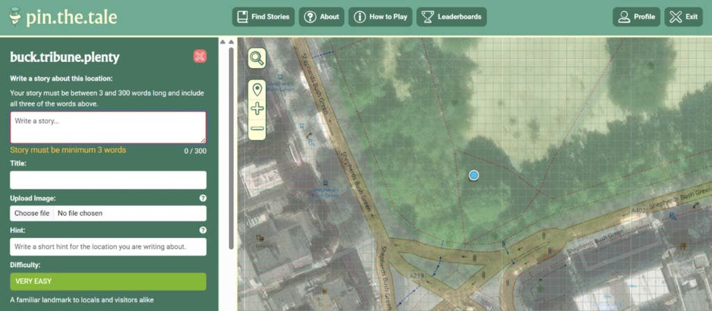 Screenshot from Pin the Tale, showing the story-writing interface, a side bar with options and a space to write a story with a map and pinpoint besides.