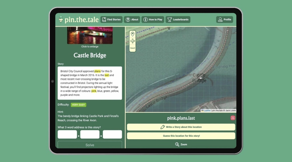 Finding the location of a story on Pin the Tale: a framed image of a tablet computer showing the interface of the game with a map to pick a location and a story besides it.