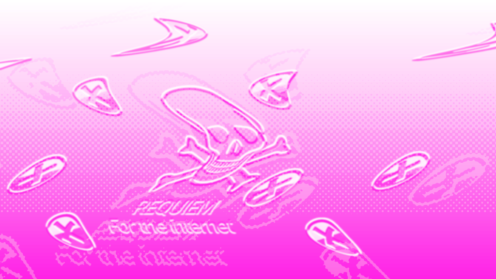 collage in pink with a skull and cross bones and error symbols and text requiem for the internet