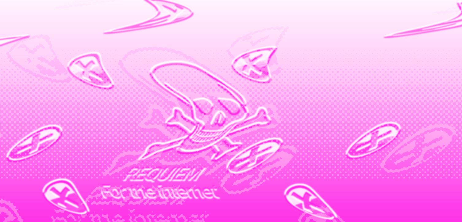 collage in pink with a skull and cross bones and error symbols and text requiem for the internet