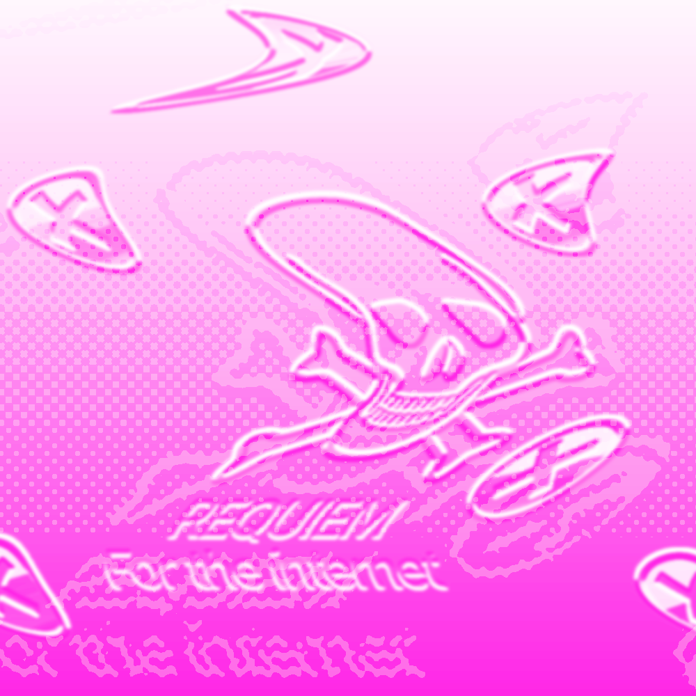 collage in pink with a skull and cross bones and error symbols and text requiem for the internet