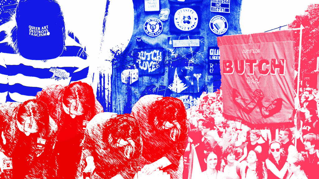 collage of queer and community organising photos and slogans with prominently featured people drilling wood and Bristol Butch Bar sign at pride