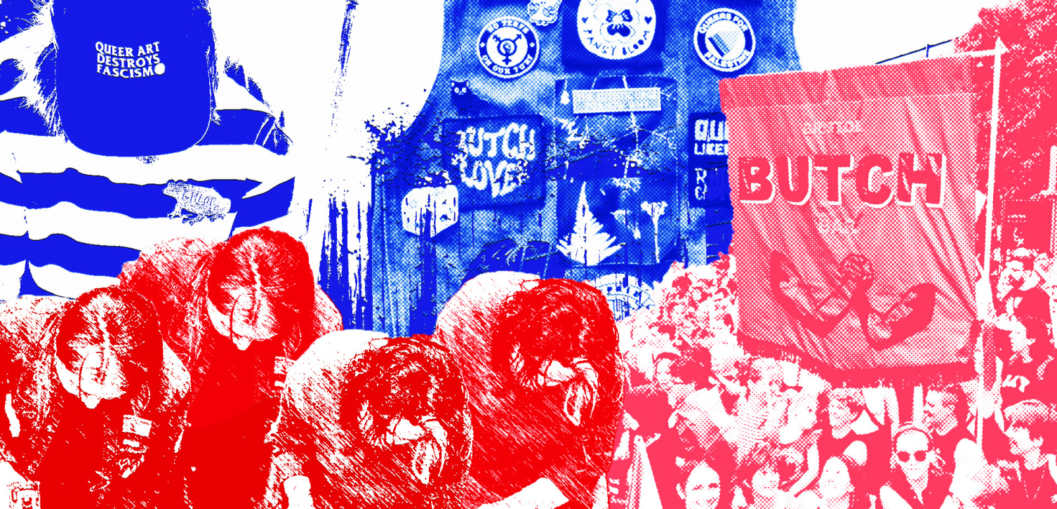 collage of queer and community organising photos and slogans with prominently featured people drilling wood and Bristol Butch Bar sign at pride
