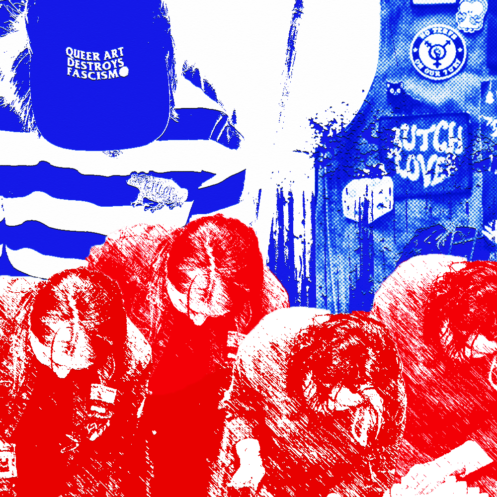 collage of queer and community organising photos and slogans and patches